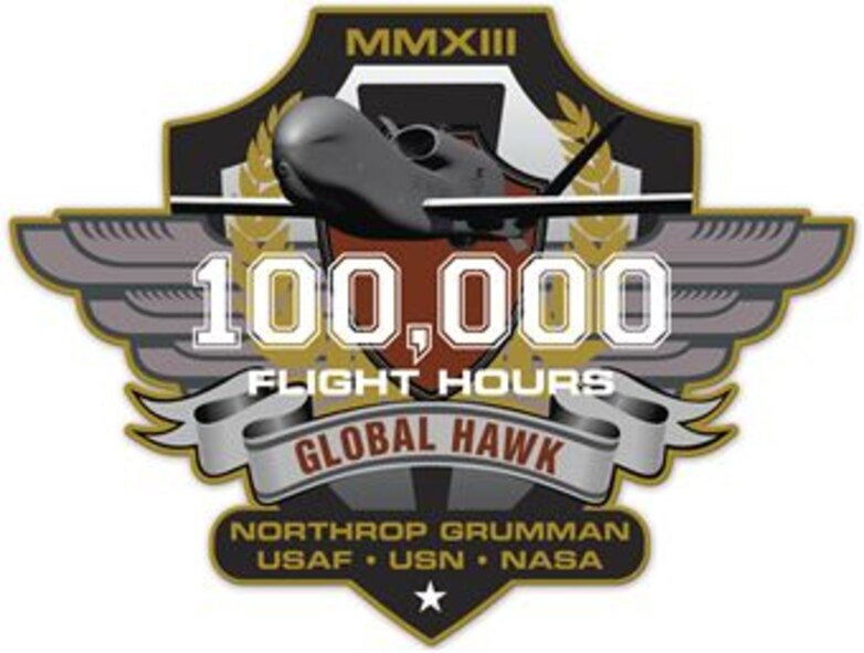 Members of the 69th Reconnaissance Group at Grand Forks Air Force Base, N.D., will receive patches such as this one from Northrop Grumman Corp. commemorating the Global Hawk reaching the milestone of 100,000 flight hours on Sept. 5, 2013. No federal endorsement intended or implied. (Courtesy image/Northrop Grumman Corp.)
