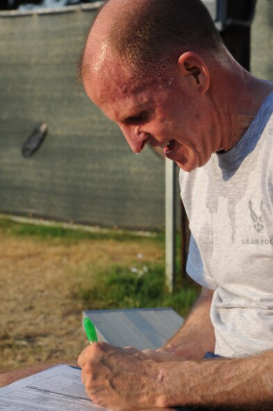 Maj. Gen. Stephen Wilson, 8th Air Force commander, verifies his Air Force physical training test results at the Senior Airman Bryan Bell Fitness Center on Barksdale Air Force Base, La., Sept. 9, 2013. Wilson passed his PT test with a score of 100 and also completed the Iron Airman test with a score of 390 out of 400, giving Wilson the title of Iron Airman. (U.S. Air Force photo/Senior Airman Joseph A. Pagán Jr.)