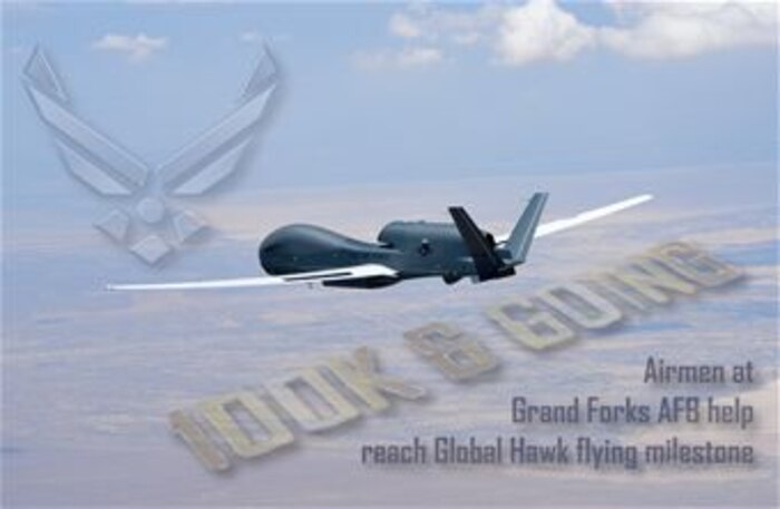 The 69th Reconnaissance Group at Grand Forks Air Force Base, N.D., conducts missions with the Global Hawk, a high-altitude long-endurance unmanned aircraft, which surpassed the 100,000-flight-hour mark Sept. 5, 2013. (Photo courtesy of Northrop Grumman Corp. U.S. Air Force photo illustration/Staff Sgt. Luis Loza Gutierrez)