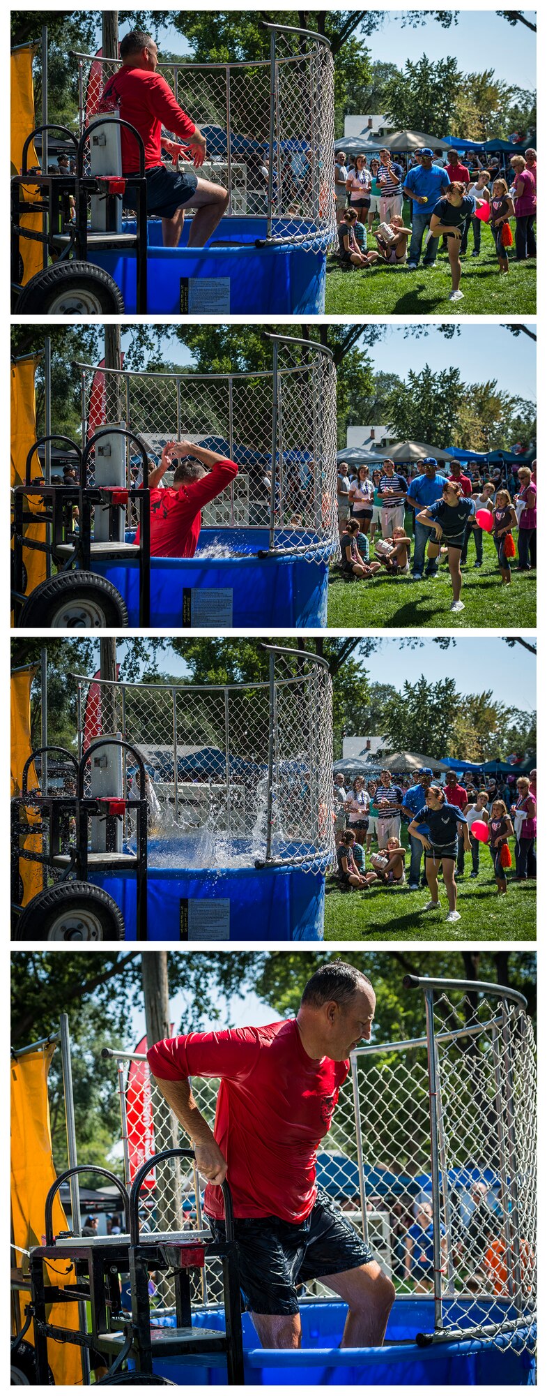 U.S. Air Force Col. Chris Short, 366th Fighter Wing commander, gets dunked for the first time in the dunk booth during the 53rd annual Air Force Appreciation Days in Mountain Home, Idaho, Sept. 7, 2013. Various Wing leadership members took turns sitting in the booth, giving visitors a chance to dunk them. (U.S. Air Force photo series by Tech. Sgt. Samuel Morse/Released)