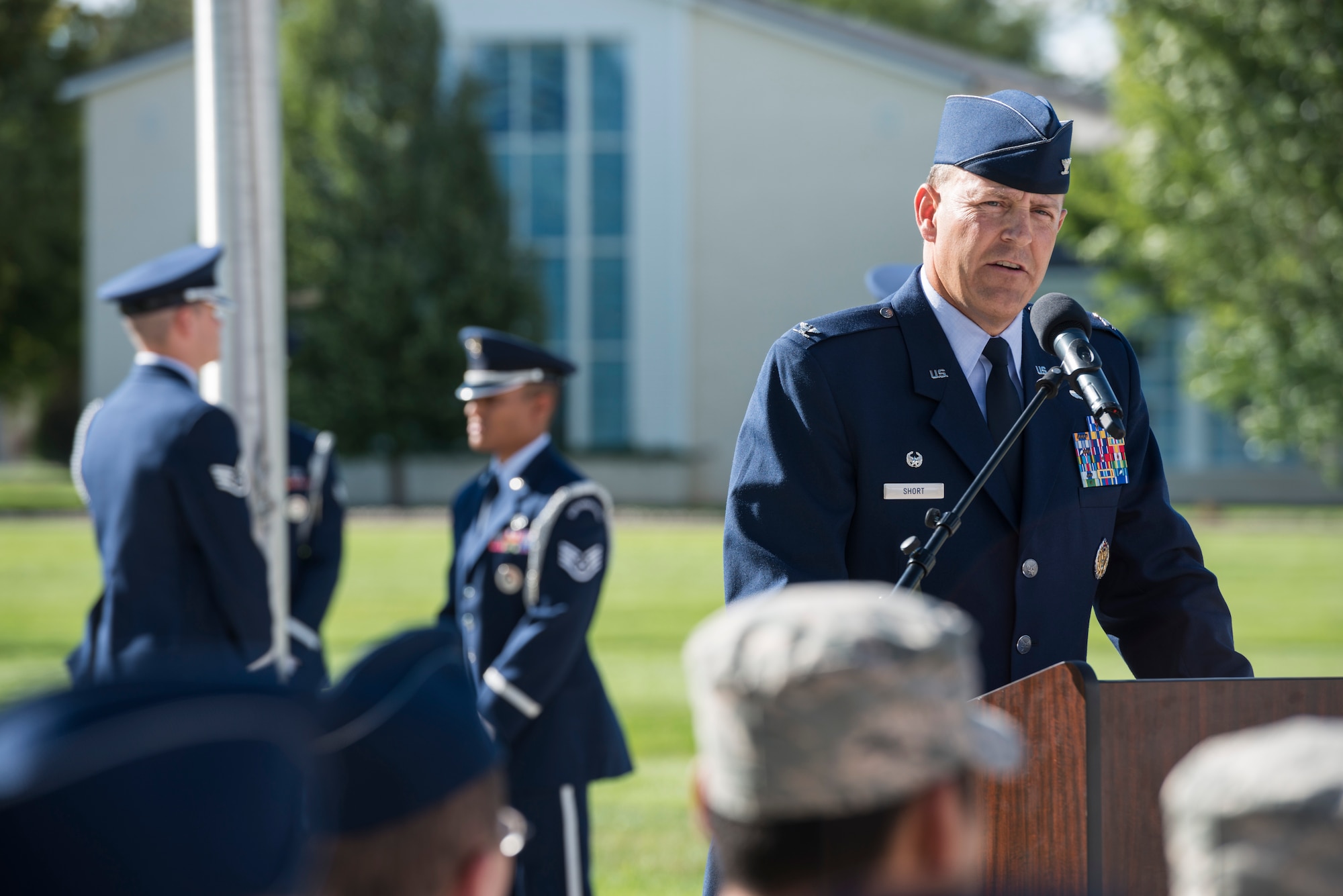 U.S. Air Force Col. Chris Short, 366th Fighter Wing commander, addresses visitors during a wing retreat at Mountain Home Air Force Base, Idaho, Sept. 5, 2013. The retreat ceremony was the first event of the annual Air Force Appreciation Days taking place Sept. 5-7. (U.S. Air Force photo by Tech. Sgt. Samuel Morse/Released)