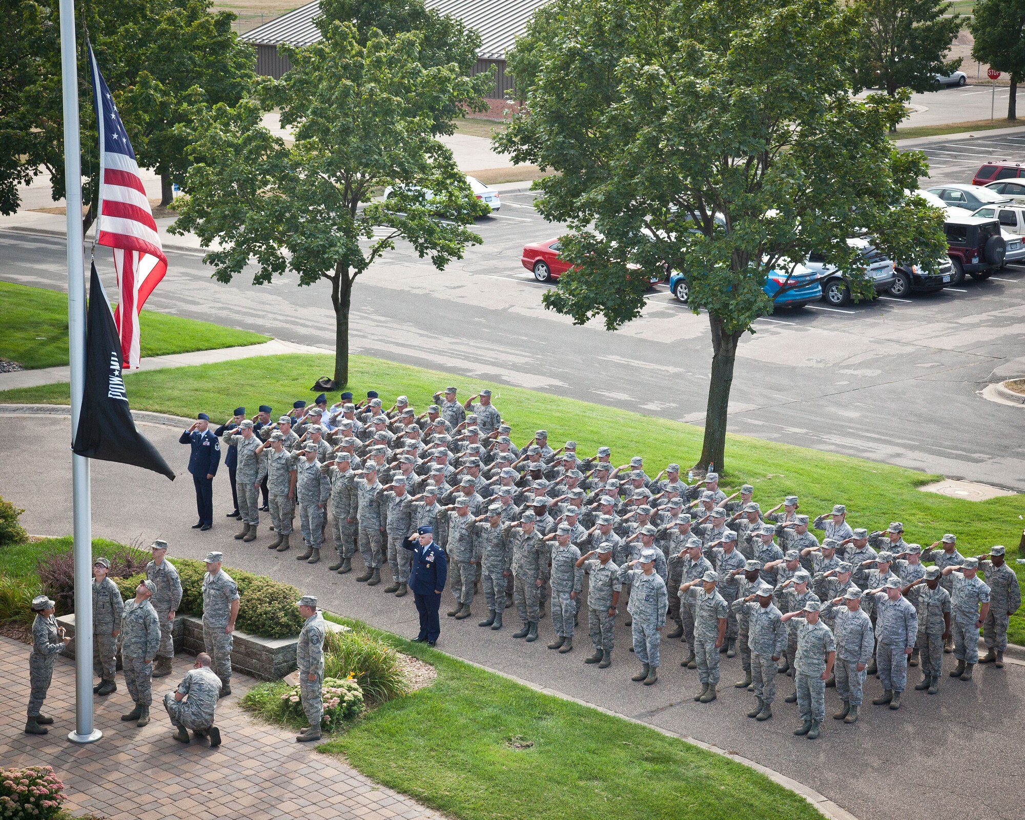 The 934th Civil Engineering Squadron performs the retreat ceremony on Saturday of the Unit Training Assembly weekend at Minneapolis-St. Paul Air Reserve Station, Minn.  (U.S. Air Force photo/Shannon McKay)