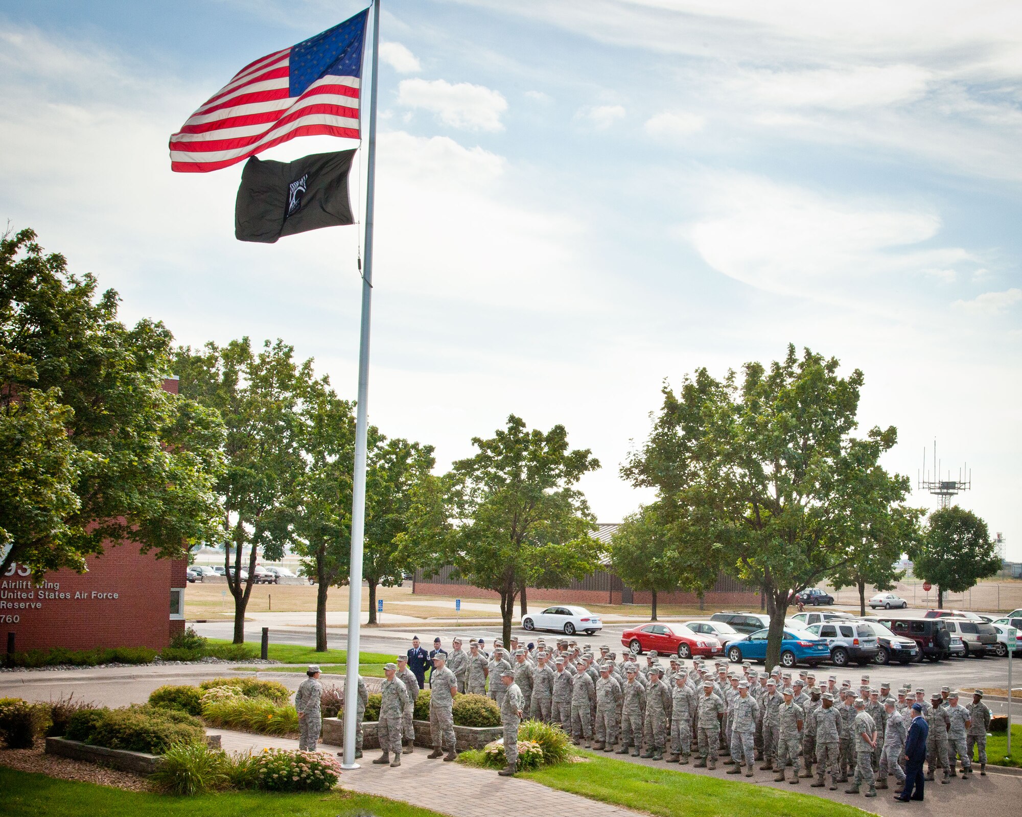 The 934th Civil Engineering Squadron performs the retreat ceremony on Saturday of the Unit Training Assembly weekend at Minneapolis-St. Paul Air Reserve Station, Minn.  (U.S. Air Force photo/Shannon McKay)