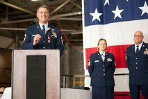 Command Chief Master Sgt. Mark Koenig, 934th Airlift Wing command chief, gives his final remarks during his retirment ceremony.  Chief Koenig retires at the Minneapolis-St. Paul Air Reserve Station, Minn., on September 7th after over 33 years of service.  (U.S. Air Force photo/Shannon McKay)