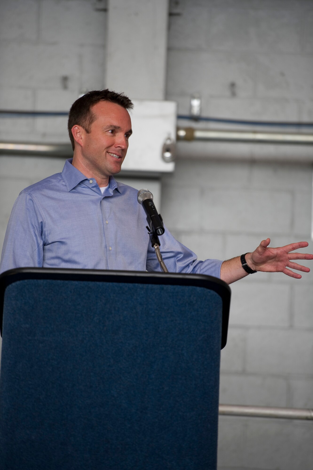 Acting Secretary of the Air Force Eric Fanning speaks to Airmen during an all call at Hurlburt Field, Fla., Sept. 10, 2013. Fanning, who is visiting U.S. Air Force bases, addressed questions from the crowd and discussed current and future plans for the Air Force. (U.S. Air Force photo/Staff Sgt. John Bainter)
