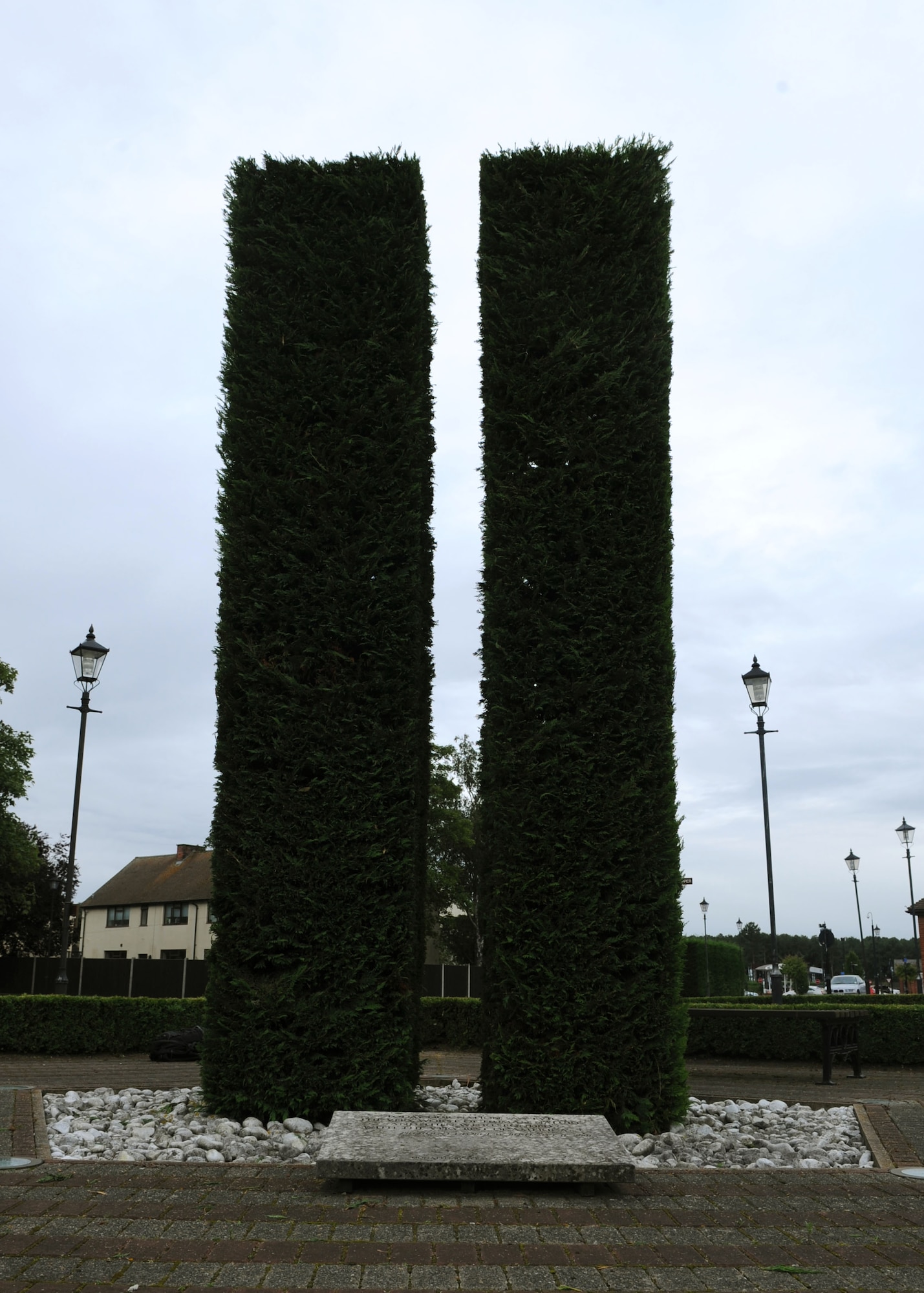 A memorial outside the Bob Hope Community Center on RAF Mildenhall, England, serves as a reminder of those who were lost on 9/11. Almost 3,000 people died during the attacks. This photo the of memorial mid-morning is a reminder of the 12th anniversary of the attacks. (U.S. Air Force photo by Airman 1st Class Preston Webb/Released)