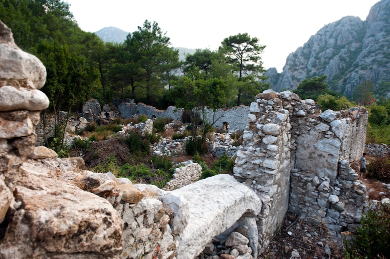 The ruins of the ancient city of Olympos lie in between the Mediterranean Sea and mountains Sept. 2, 2013, near Antalya, Turkey. In the 1st century BC, Olympos was invaded by Cilician pirates. (U.S. Air Force photo by Senior Airman Daniel Phelps/Released)