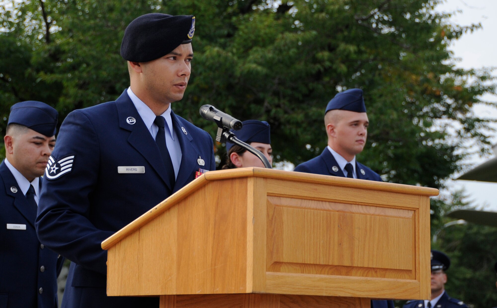 U.S. Air Force Staff Sgt. Christopher Rivers, 35th Security Forces Squadron policeman, recites the Policeman's Prayer during the Patriot Day Retreat ceremony at Misawa Air Base, Japan, Sept. 11, 2013. The ceremony was held to remember the fallen heroes and loved ones after terrorists hijacked planes and crashed them into the Twin Towers, Pentagon and a field in Pennsylvania 12 years ago. (U.S. Air Force photo by Airman 1st Class Kaleb Snay)