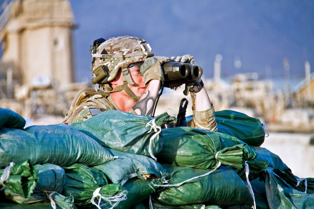 U.S. Army Sgt. Mark A. Kresge Jr. uses Vector 21 rangefinder binoculars to scan his area during a vehicle-born improvised explosive device drill on Forward Operating Base Gardez in Afghanistan's Paktya province, Aug. 29, 2013. Kresge, an infantryman, is assigned to the 101st Airborne Division's Company B, 1st Battalion, 506th Infantry Regiment, 4th Brigade Combat Team.