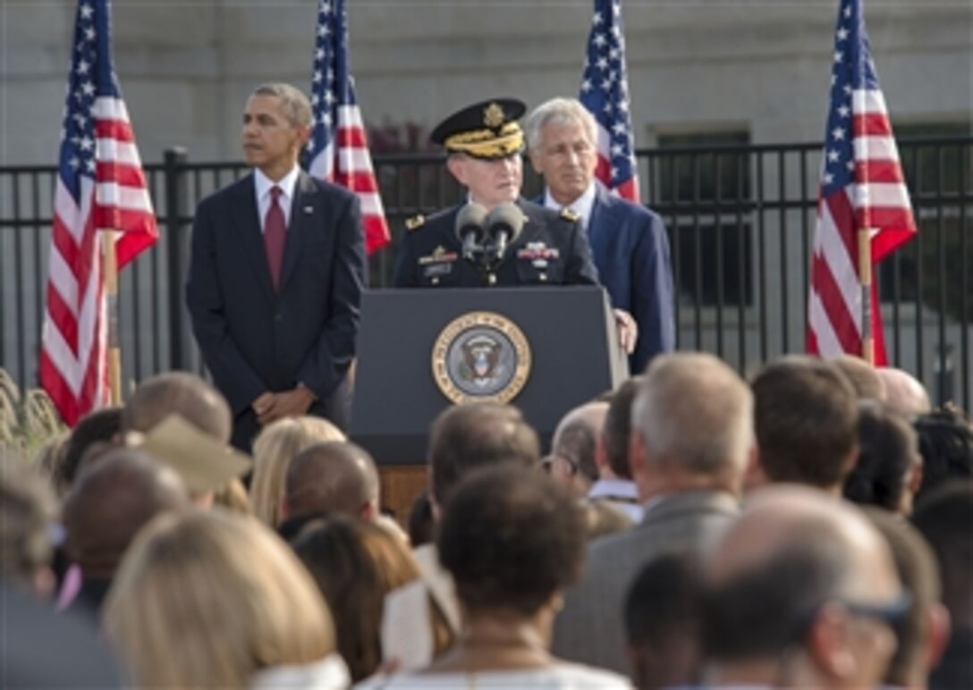 Chairman of the Joint Chiefs of Staff Gen. Martin E. Dempsey speaks during a remembrance ceremony to honor the victims of the 9/11 attacks on the Pentagon in Arlington, Va., on Sept. 11, 2013.  Dempsey joined Secretary of Defense Chuck Hagel, President Barack Obama and family members of those killed in the terrorist attack twelve years ago to remember and mark the anniversary.  