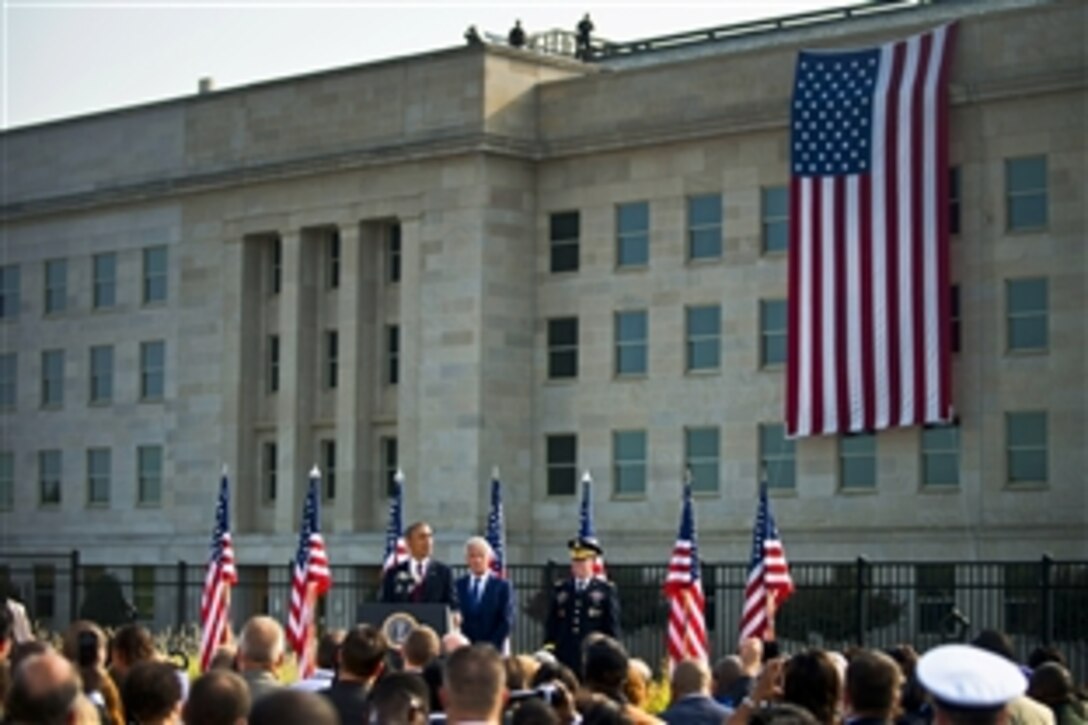 President Barack Obama delivers remarks during a 9/11 commemoration ceremony at the Pentagon, Sept. 11, 2013. Defense Secretary Chuck Hagel and Army Gen. Martin E. Dempsey, chairman of the Joint Chiefs of Staff,  joined the president. 