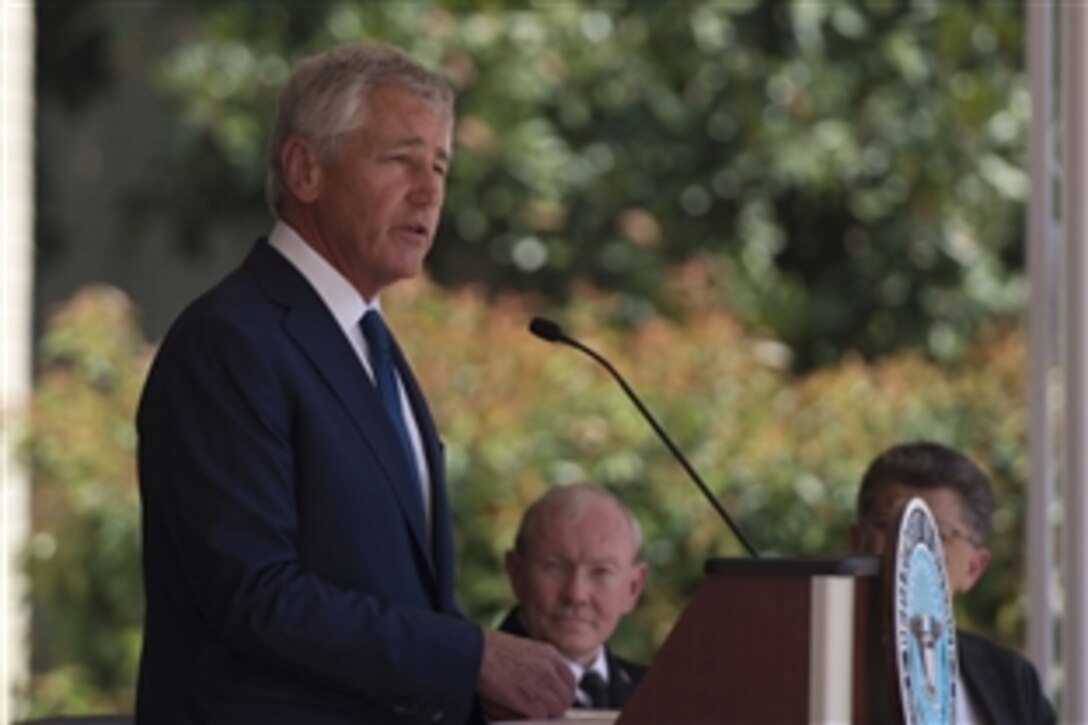 Defense Secretary Chuck Hagel offers remarks to remember victims working in the Pentagon during the 9/11 terrorist attack during a courtyard ceremony at the Pentagon, Sept. 11, 2013. 