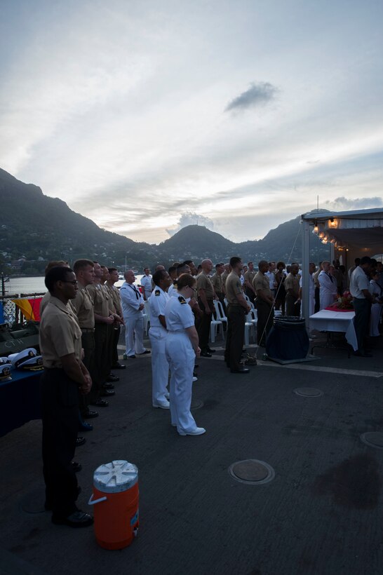 U.S. Marines and Sailors of 26th Marine Expeditionary Unit (MEU) and the USS Carter Hall (LSD 50) hosted a reception aboard the USS Carter Hall while in the Seychelles, Aug. 27, 2013. The 26th MEU is a Marine Air-Ground Task Force forward-deployed to the U.S. 5th Fleet area of responsibility aboard the Kearsarge Amphibious Ready Group serving as a sea-based, expeditionary crisis response force capable of conducting amphibious operations across the full range of military operations. (U.S. Marine Corps photo by Cpl. Michael S. Lockett/Released)