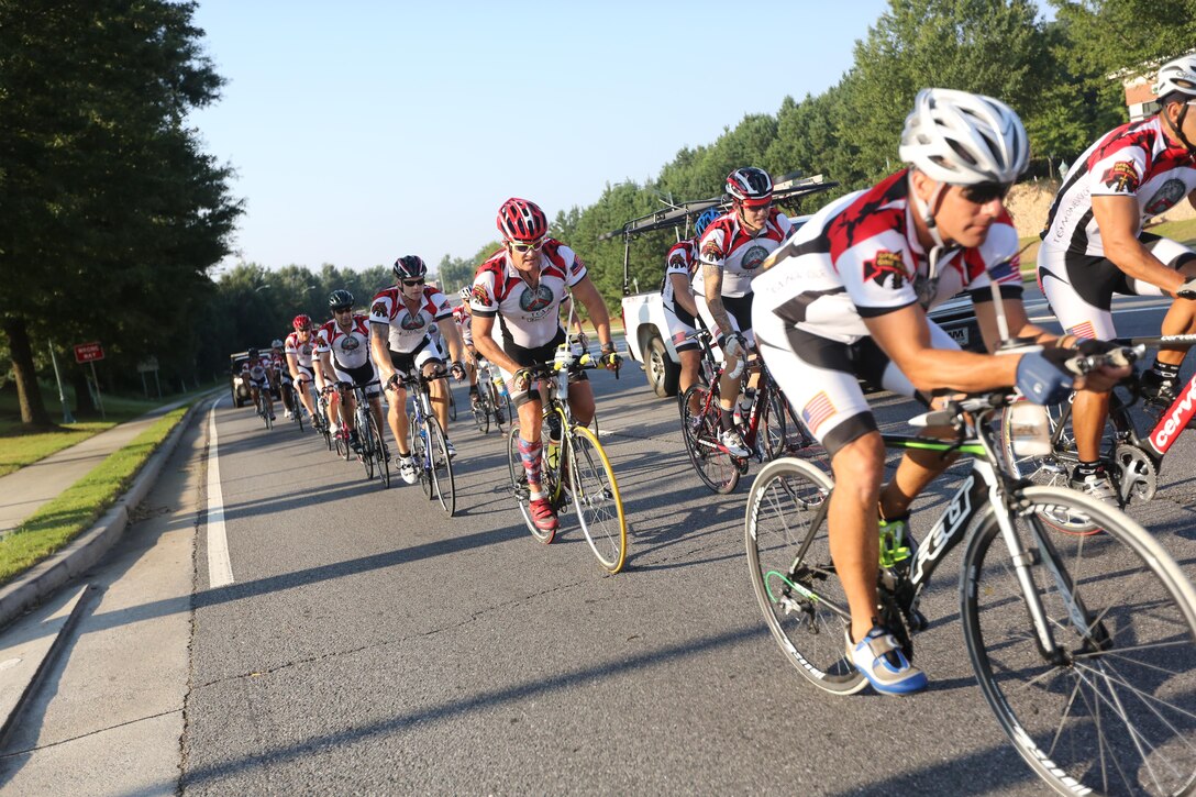 Servicemembers, members of the Gwinnett Sheriffs department, Georgia State Trooper and voluteers ride their bikes during the final day of the Operation One Voice Honor Ride, Sept. 7, 2013. Marines with U.S. Marine Corps Forces Special Operations Command were invited to ride in the Honor Ride to support wounded and deceased veteran members of the U.S. Special Operations community.The Honor Ride this year was a 450-mile bike ride over a four day period. (U.S. Marine Corps photo by Sgt. Anthony Carter/Released)


For more images, click the "Back to Gallery" link.
