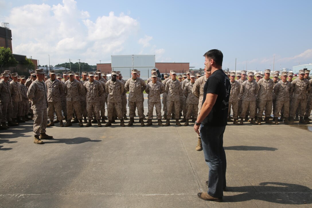 Brian Michael Stann, former Marine and Ultimate Fighting Championship athlete, speaks to students with Center for Naval Aviation and Technical Training on Cherry Point Sept. 4. CNATT held a formation for the students where they asked Stann questions about his Marine Corps experience and his fighting career.