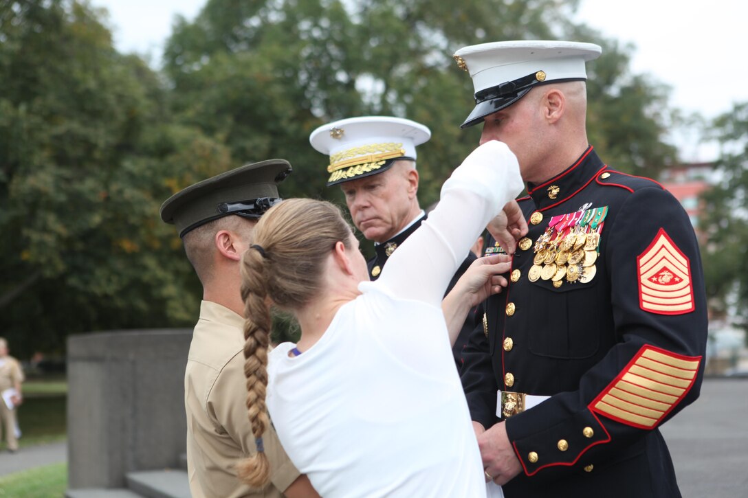 Gen. James F. Amos, the 35th Commandant of the Marine Corps, and Sgt. Maj. Micheal P. Barrettt, the 17th Sergeant Major of the Marine Corps, film the 2013 Birthday Video at the Marine Corps War Memorial in Arlington, Va., on Aug. 28, 2013. (U.S. Marine Corps photo by Sgt. Marionne T. Mangrum)