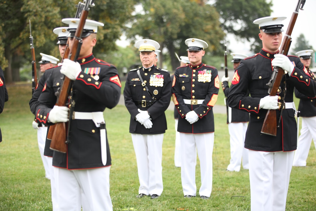 Gen. James F. Amos, the 35th Commandant of the Marine Corps, and Sgt. Maj. Micheal P. Barrettt, the 17th Sergeant Major of the Marine Corps, film the 2013 Birthday Message at the Marine Corps War Memorial in Arlington, Va., on Aug. 28, 2013. (U.S. Marine Corps photo by Sgt. Marionne T. Mangrum)