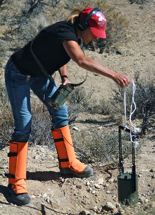 Clements, a health physicist in the Corps of Engineers Huntsville Center Environmental and Munitions Center of Expertise, performs a radiation survey at Hawthorne Army Depot, Nev. in June 2012.