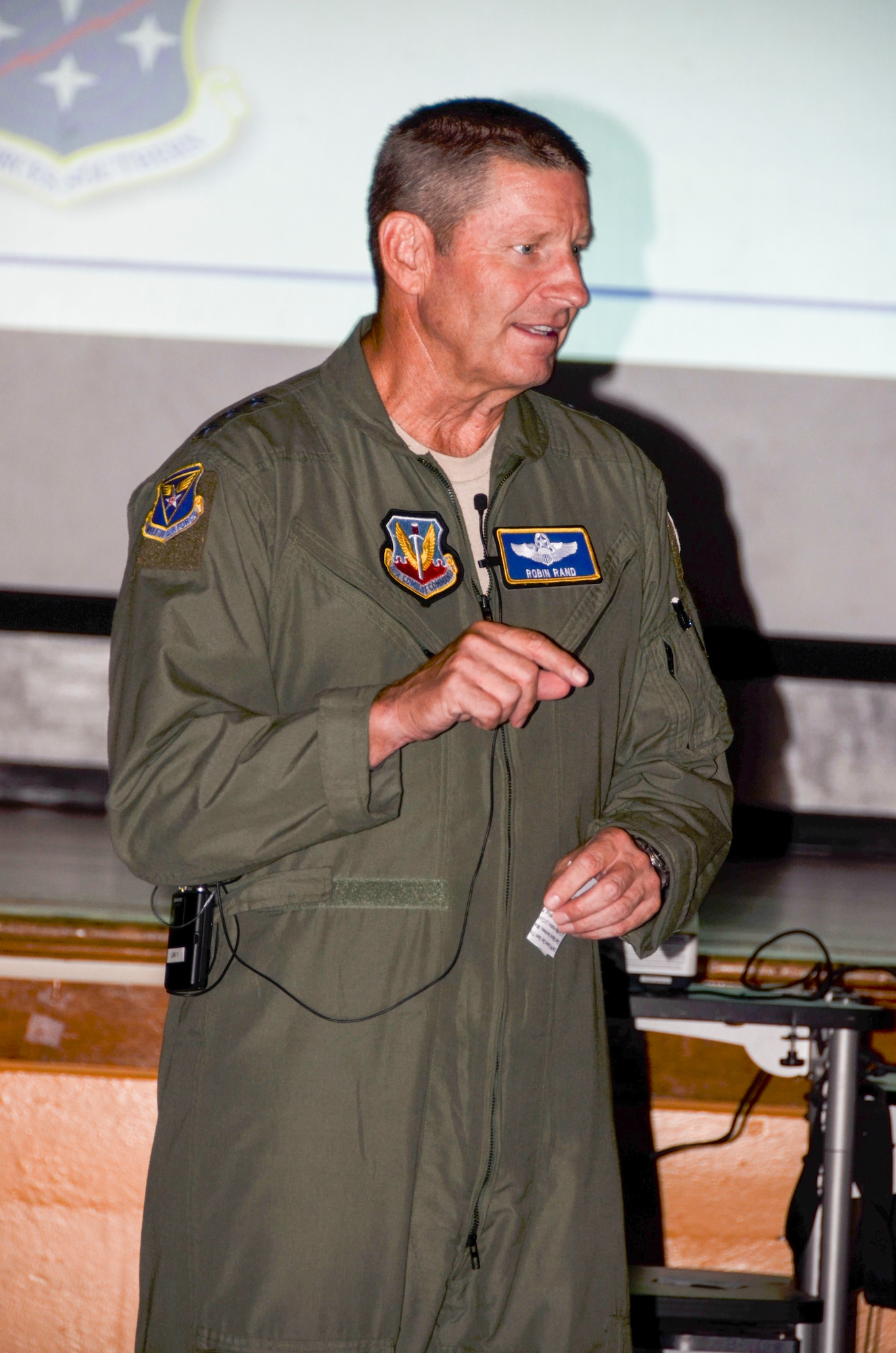 Lt. Gen. Robin Rand, 12th Air Force (Air Forces Southern) commander, speaks with members of 12th AF (AFSOUTH) during a Sexual Assault Prevention and Response down day at Davis-Monthan Air Force Base, Ariz., Sept. 5, 2013. The purpose of the down day was to take a pause in the day-to-day mission to reiterate zero tolerance of sexual assault and focus on fostering a climate of dignity and respect in the Air Force. Military leaders from every level call on Airmen to not be part of the problem, but part of the solution in the movement toward a new culture that aims to rid sexual assault from the ranks. (U.S. Air Force photo by Staff Sgt. Adam Grant/Released)