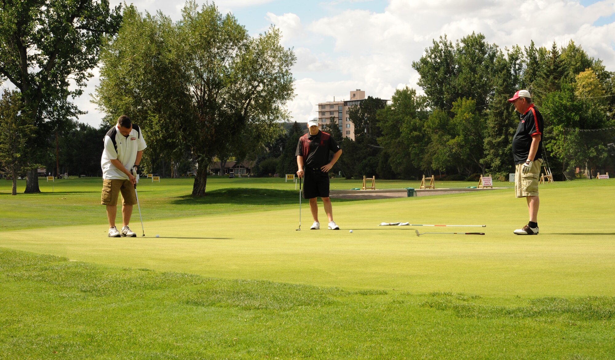 Team Malmstrom and Great Falls Area Chamber of Commerce Military Affairs Committee members participate in the 38th annual Golferoo at Meadow Lark Country Club on Sept. 9. The two-person scramble encouraged active-duty Airmen to socialize with members of the Great Falls community. (U.S. Air Force photo/Senior Airman Katrina Heikkinen)