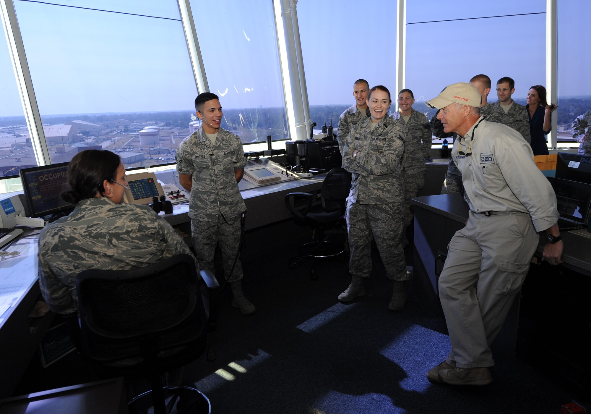 Robi Powers, American 300 host, speaks with Airmen from the 2nd Operation
Support Squadron air traffic control tower during an American 300 tour on
Barksdale Air Force Base, Sept. 12, 2013. (U.S. Air Force photo/Senior
Airman Sean Martin)
