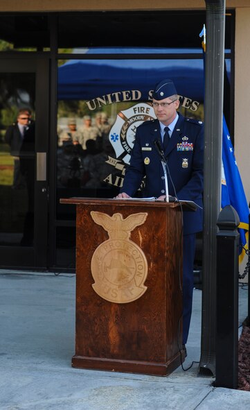 U.S. Air Force Lt. Col. Patrick Albritton, 23d Civil Engineer Squadron commander, speaks about 9/11, at Moody Air Force Base, Ga., Sept. 11, 2013. Americans helped to raise more than $1.4 billion to help the families that lost their loved ones that day. (U.S. Air Force photo by Airman Alexis Grotz/Released)
