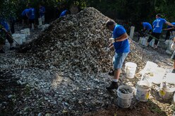 Ray Sagan , 437th Maintenance Squadron Aerospace Ground Equipment technician, shovels recycled oyster shells into a bucket, Sept. 6, 2013, at the Fort Johnson Oyster Reef Center in Charleston, S.C. The South Carolina Oyster Resoration and Enhancement program uses the oyster shells to fill bags to create new oyster habitats in the local waters which in turn, improves water quality. Approximately 2,500 service members from JB Charleston participated in the Trident United Way’s Day of Caring, volunteering their skills to assist with more than 50 projects in the local community.  (U.S. Air Force Photo/ 2nd Lt. Alexandra Trobe)