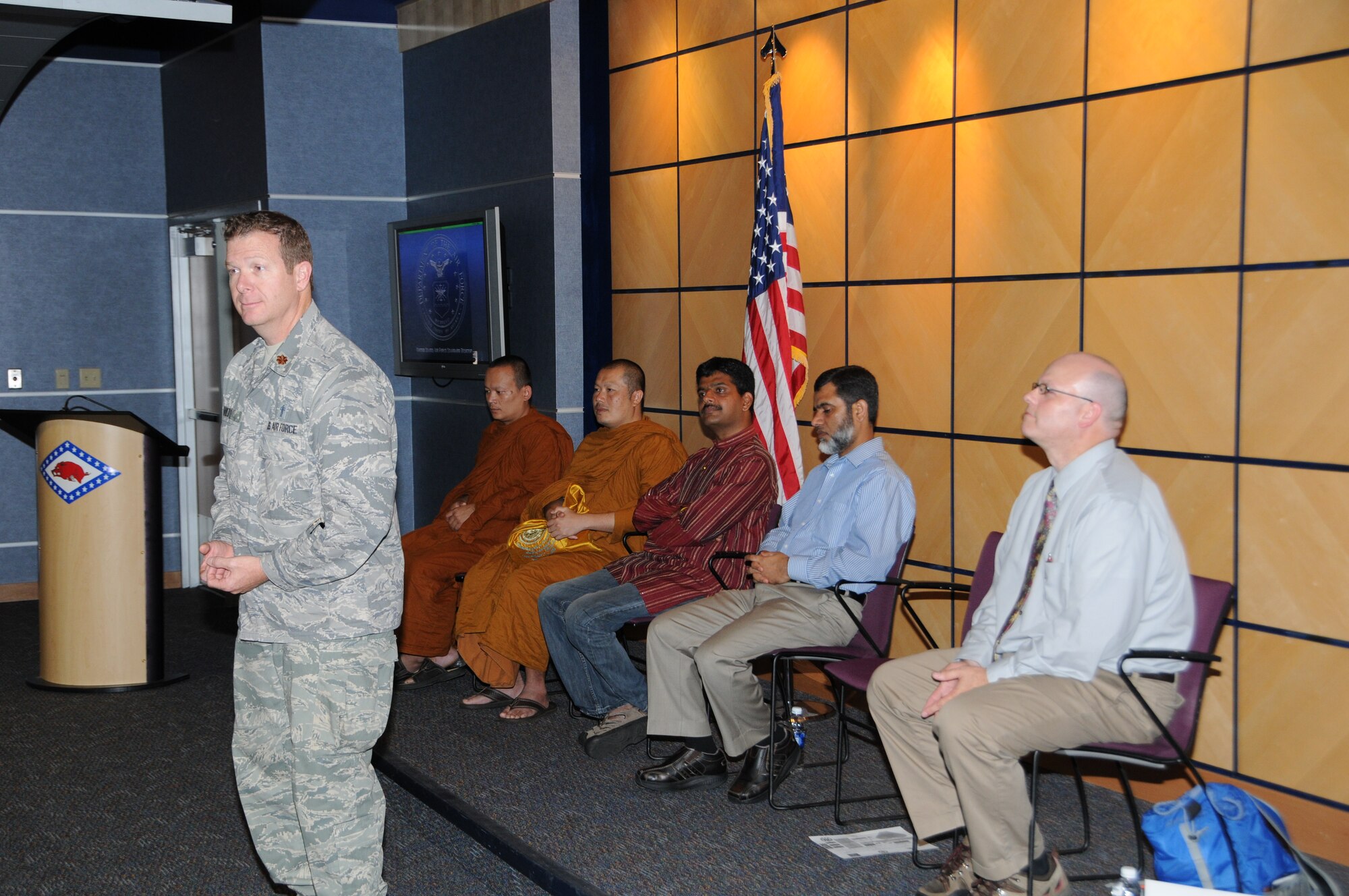 Local religious leaders visited the 188th Fighter Wing as part of a religious diversity program for unit members Sept. 8, 2013. The program featured Hinduism, Buddhism, Islam, Mormon, and protestant Christianity. Each leader provided a presentation of the fundamental beliefs and customs of their respective religions and took questions from the attendees following the presentation, which was orchestrated by the 188th Equal Opportunity Office. (U.S. Air National Guard photo by Airman 1st Class Cody Martin/188th Fighter Wing Public Affairs).