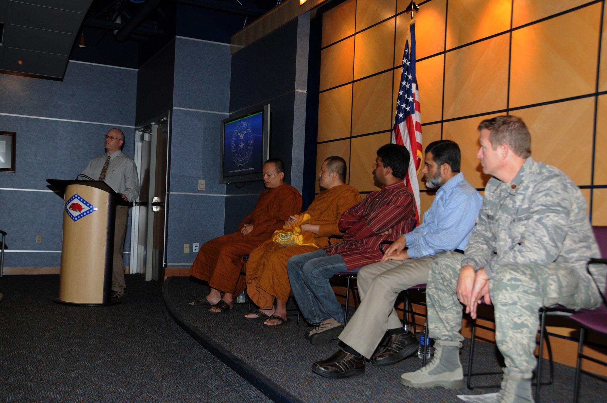 Local religious leaders visited the 188th Fighter Wing as part of a religious diversity program for unit members Sept. 8, 2013. The program featured Hinduism, Buddhism, Islam, Mormon, and protestant Christianity. Each leader provided a presentation of the fundamental beliefs and customs of their respective religions and took questions from the attendees following the presentation, which was orchestrated by the 188th Equal Opportunity Office. (U.S. Air National Guard photo by Airman 1st Class Cody Martin/188th Fighter Wing Public Affairs).