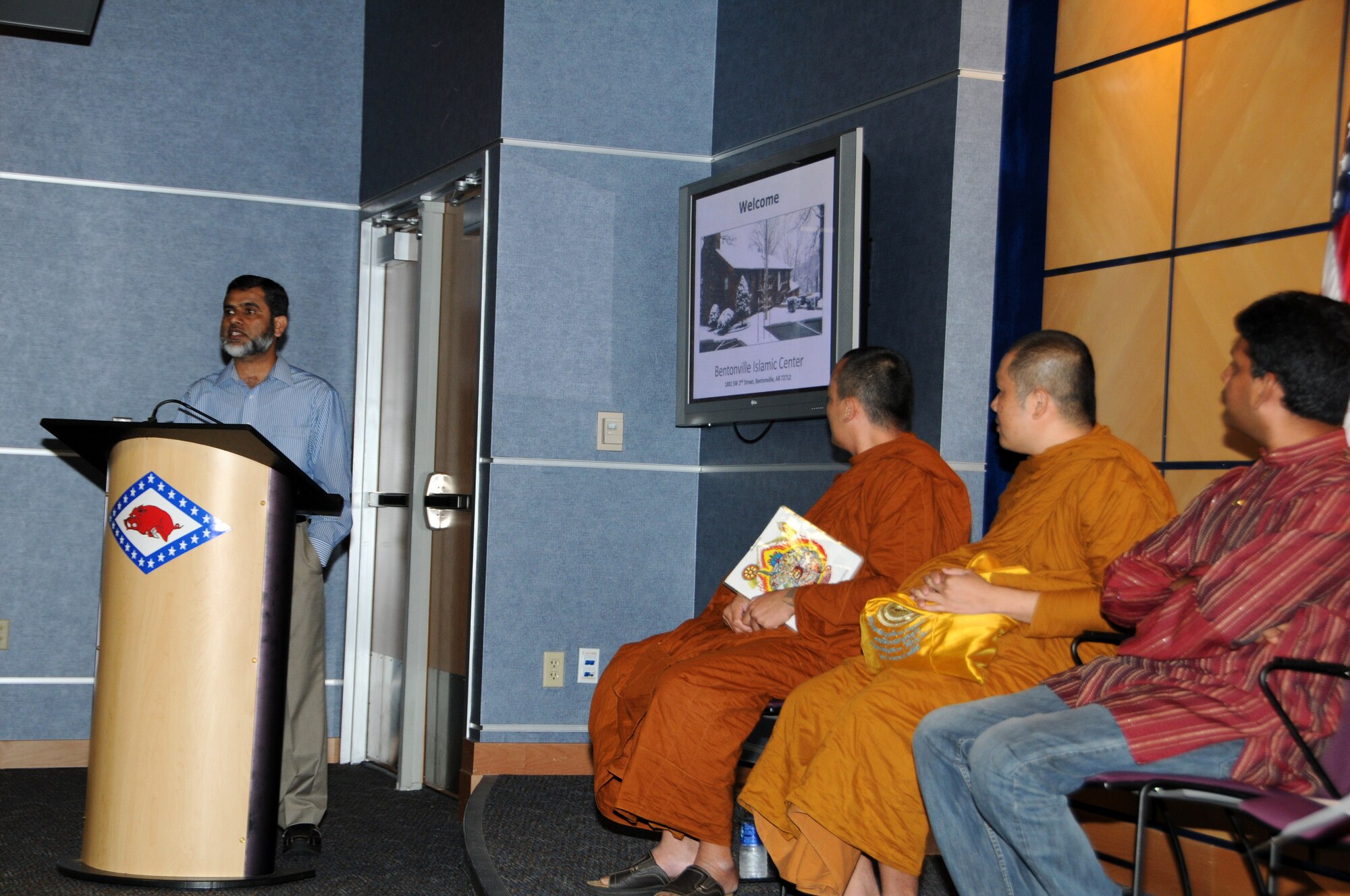 Local religious leaders visited the 188th Fighter Wing as part of a religious diversity program for unit members Sept. 8, 2013. The program featured Hinduism, Buddhism, Islam, Mormon, and protestant Christianity. Each leader provided a presentation of the fundamental beliefs and customs of their respective religions and took questions from the attendees following the presentation, which was orchestrated by the 188th Equal Opportunity Office. (U.S. Air National Guard photo by Airman 1st Class Cody Martin/188th Fighter Wing Public Affairs).