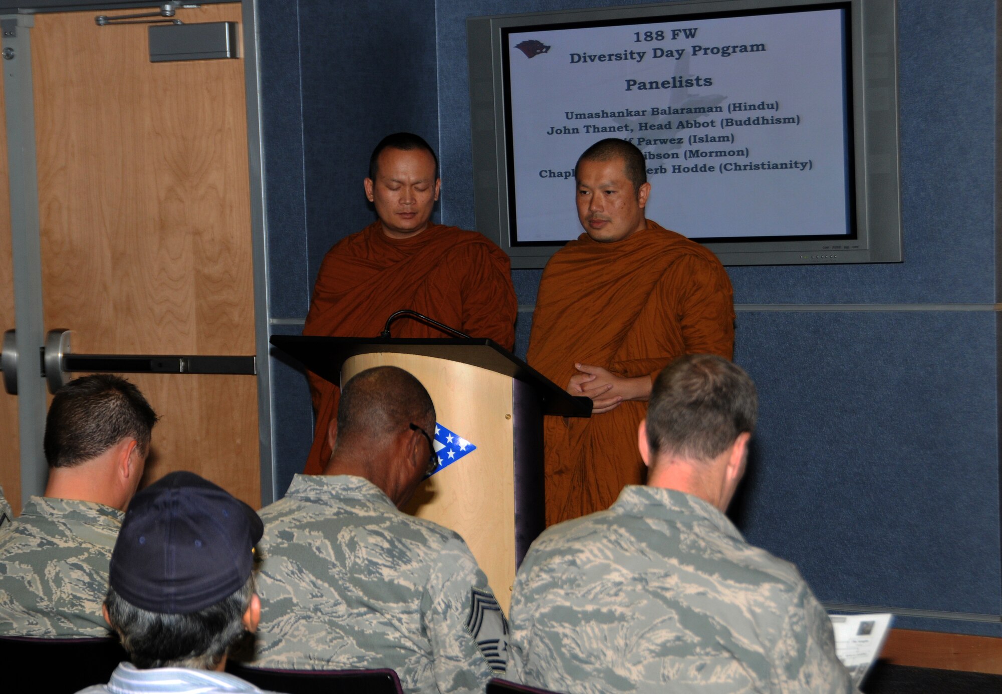 Local religious leaders visited the 188th Fighter Wing as part of a religious diversity program for unit members Sept. 8, 2013. The program featured Hinduism, Buddhism, Islam, Mormon, and protestant Christianity. Each leader provided a presentation of the fundamental beliefs and customs of their respective religions and took questions from the attendees following the presentation, which was orchestrated by the 188th Equal Opportunity Office. (U.S. Air National Guard photo by Airman 1st Class Cody Martin/188th Fighter Wing Public Affairs).