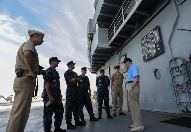 Chief petty officer selects, along with their sponsors, get a history brief Sept 8, 2013, onboard USS Yorktown (CV -10) at Patriot’s Point Maritime Museum in Mt. Pleasant, S.C.  The chief selects were learning about their naval heritage as part of CPO 365, and will be frocked or promoted to chief petty officer Sept. 13, 2013. (U.S. Air Force photo / Senior Airman Tom Brading) 