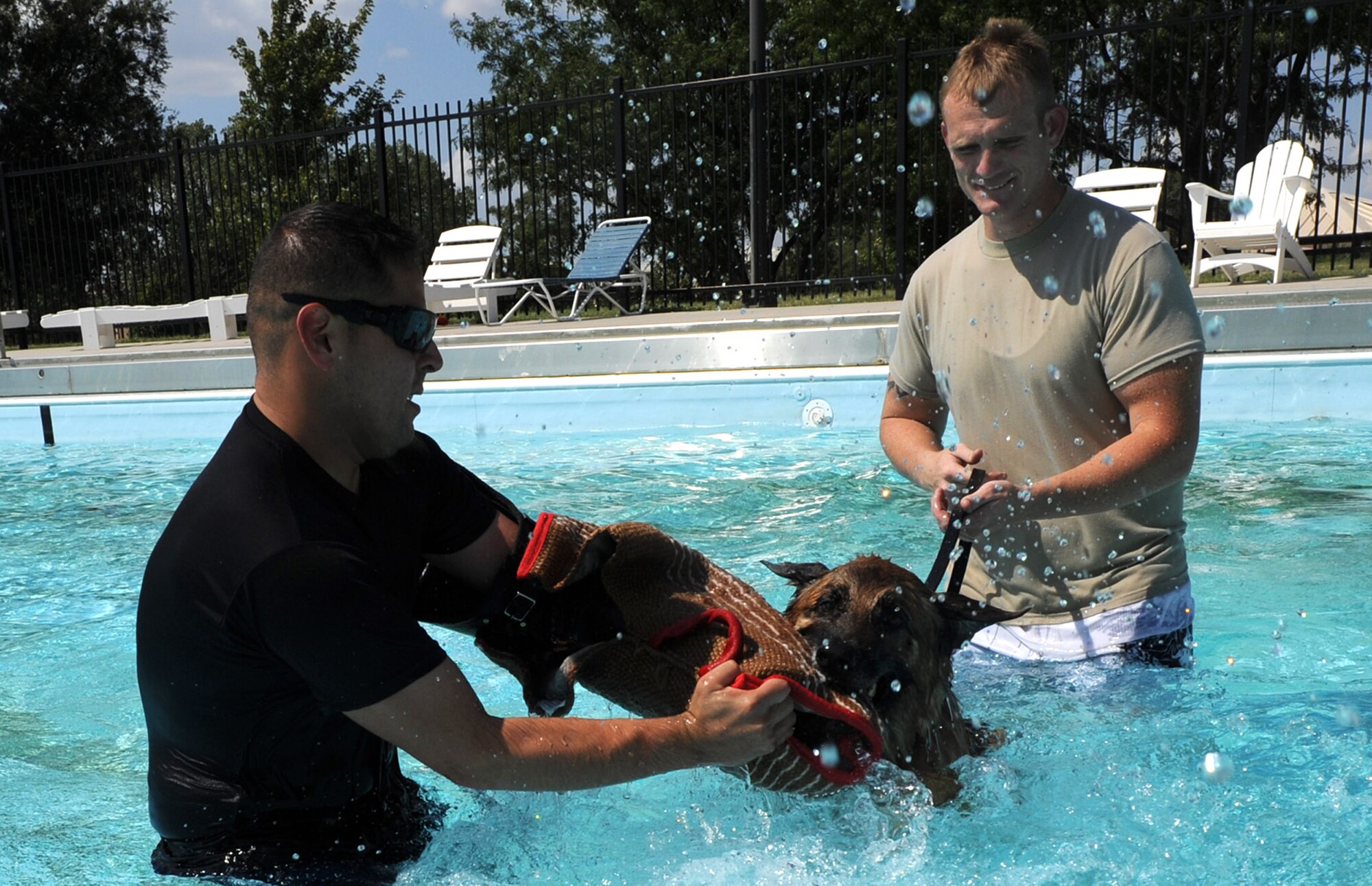 Senior Airman Brian Claypool, 22nd Security Forces Squadron military working dog handler, trains his dog Rakker to attack a decoy wearing a bite sleeve Sept. 10, 2013, at McConnell Air Force Base, Kan. The 22nd SFS MWD section uses the closed base pool once a year to introduce the dogs to water and water-based aggression training. Most MWDs are not exposed to water until receiving specialized training at assigned bases. (U.S. Air Force photo/Senior Airman Laura L. Valentine)