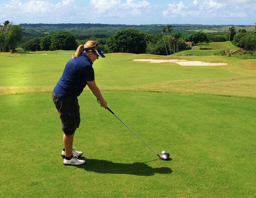 Senior Airman Kasey Castor, 5th Aircraft Maintenance Squadron weapons load team member, golfs at Leo’s Palace Resort Country Club in Guam during her 5-month deployment to the Asia-Pacific region. While deployed, Castor learned she was selected to compete in the all-Air Force Golf Championship at Hill Air Force Base, Utah, Sept. 7-11. (Courtesy photo)
