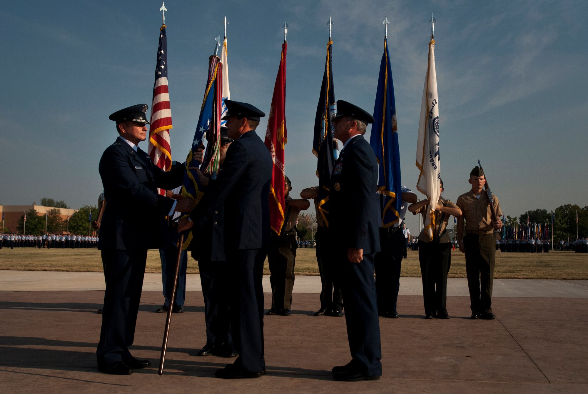 Maj. Gen. Leonard Patrick, 2nd Air Force commander, hands the guidon of the 82nd Training Wing to Brig. Gen. Scott Kindsvater during the change of command ceremony Sept. 12, 2013. Kindsvater took command of the largest technical training base from Brig. Gen. Michael Fantini. Patrick presided over the ceremony. (U.S. Air Force photo/Staff Sgt. Mike Meares)