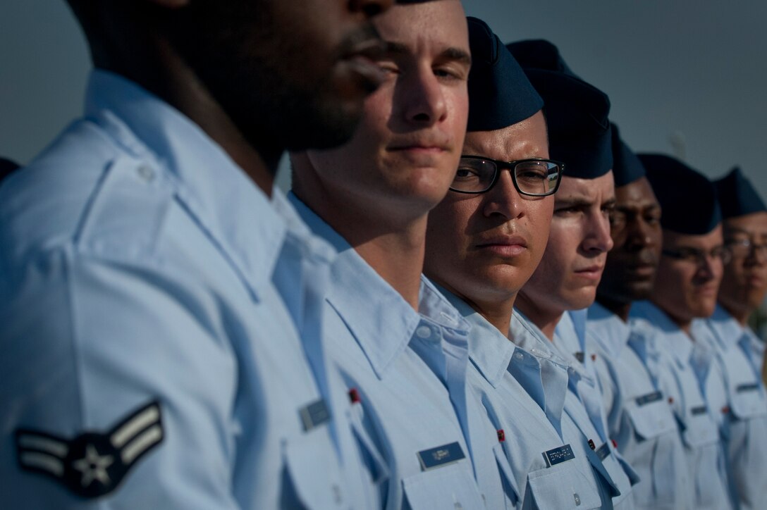 Airmen march in the pass and review at the 82nd Training Wing change of command ceremony Sept. 12, 2013. Brig. Gen. Scott Kindsvater took command of the largest technical training base from Brig. Gen. Michael Fantini. Maj. Gen. Leonard Patrick, 2nd Air Force commander, presided over the ceremony. (U.S. Air Force photo/Staff Sgt. Mike Meares)