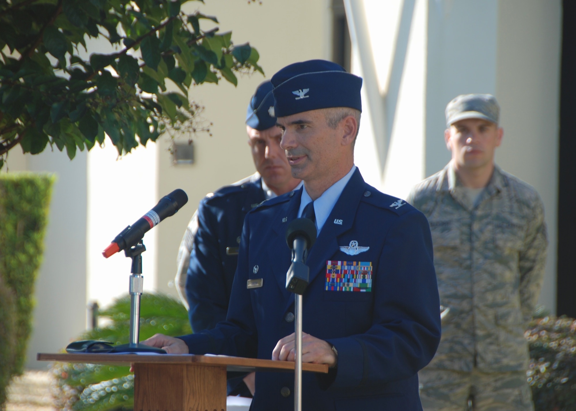 U.S. Air Force Col. Thomas Cucchi, 601st Air and Space Operations Center commander, speaks to the crowd during a memorial service Sept. 11, 2013, in front of the 601st Air and Space Operations Center at Tyndall Air Force Base, Fla. The 601st AOC held a ceremony to honor the memory of those who lost their lives during the tragic events of Sept. 11, 2001. (Air National Guard photo by Capt. Jared Scott/Released)
 
