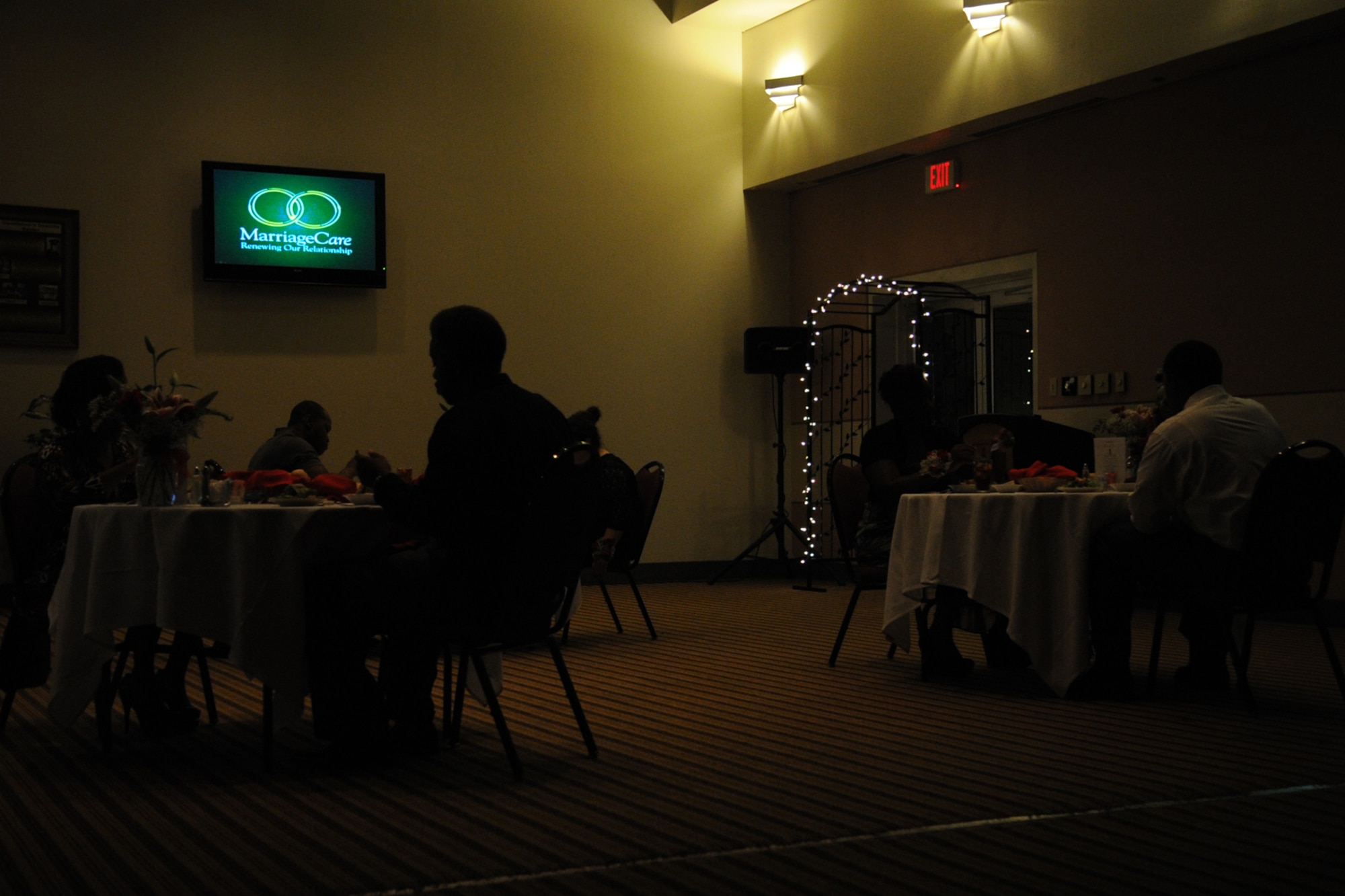 GOODFELLOW AIR FORCE BASE, Texas -- Couples attend a MarriageCare Retreat black tie dinner at the Event Center Sept. 7. Focusing on traditional wedding vows, the retreat offered four sessions during the weekend: "I, take you," "To Have and to Hold," "For Better or Worse" and "To Love and to Cherish." (U.S. Air Force photo by Staff Sgt. Laura R. McFarlane)