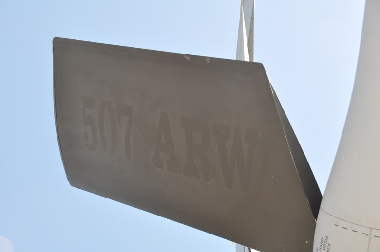 The 507th Air Refueling Wing decal is no longer visible on the Stratotanker boom winglets as the aircraft is prepared for departure for its new home at Joint Base Pearl Harbor-Hickam, Hawaii. (U.S. Air Force Photo/Maj. Jon Quinlan)