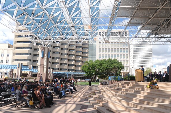 Col. Heather Pringle, 377th Air Base Wing vice commander, gives remarks at a 9/11 Remembrance Ceremony at City Hall Plaza in downtown Albuquerque. (Photo by Todd Berenger)
