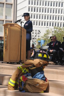 Col. Heather Pringle, 377th Air Base Wing vice commander, gives remarks at a 9/11 Remembrance Ceremony at City Hall Plaza in downtown Albuquerque. (Photo by Todd Berenger)