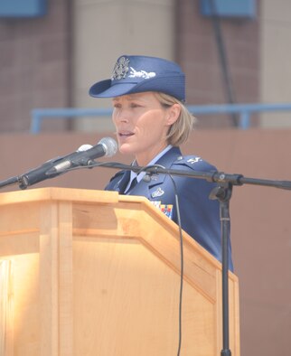 Col. Heather Pringle, 377th Air Base Wing vice commander, gives remarks at a 9/11 Remembrance Ceremony at City Hall Plaza in downtown Albuquerque. (Photo by Todd Berenger)