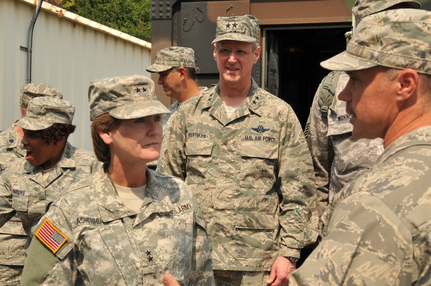 Maj. Gen. Deborah A. Ashenhurst, the Adjutant General for the Ohio National Guard along with Maj. Gen. Mark Bartman, Assistant Adjutant General for the Ohio Air National Guard and the state Command Chief; Chief Master Sgt. Tamara Philips visited with various 123rd Air Control Squadron, Blue Ash Air Station personnel, Sept. 8.  The visit was in conjunction with the 123rd ACS’s annual Family Day. (U.S. Air National Guard photo by Maj. Lindsay Logsdon)