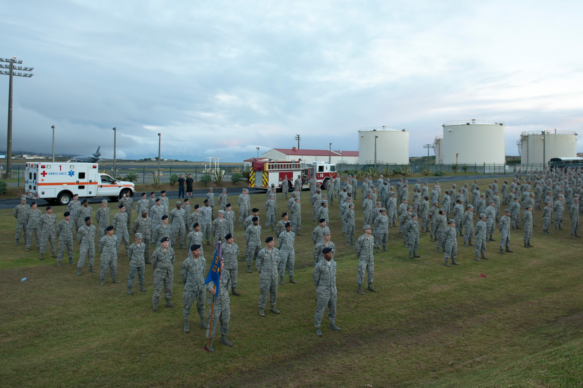 U.S. Air Force Airmen from the 65th Air Base Wing in formation for a 9/11 memorial Sept. 11, 2013, at Lajes Field, Azores. The 65th Air Base Wing honored those killed on 9/11 with a “boots and utes” memorial run that was led by Lajes Airmen first responders. (U.S. Air Force photo by Tech. Sgt. Paul Villanueva II/Released)