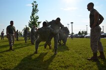 In August, thirty-three of Westover’s Security Forces Airmen participated and received certificates for completion of 27.30 hours of rigorous training, taught by Marine MCMAP instructors attached to the Marine Air Support Squadron-6 on base.The Marine Corps Martial Arts Program is a combination of different martial arts brought together to create one fighting style. MCMAP combines the basics of boxing, Judo and Ju Jitsu. (U.S. Air Force photo/SrA. Kelly Galloway)