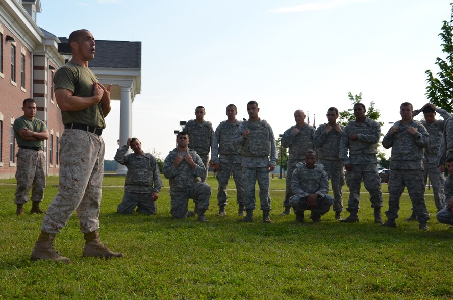 In August, thirty-three of Westover’s Security Forces Airmen participated and received certificates for completion of 27.30 hours of rigorous training, taught by Marine MCMAP instructors attached to the Marine Air Support Squadron-6 on base.The Marine Corps Martial Arts Program is a combination of different martial arts brought together to create one fighting style. MCMAP combines the basics of boxing, Judo and Ju Jitsu. (U.S. Air Force photo/SrA. Kelly Galloway)