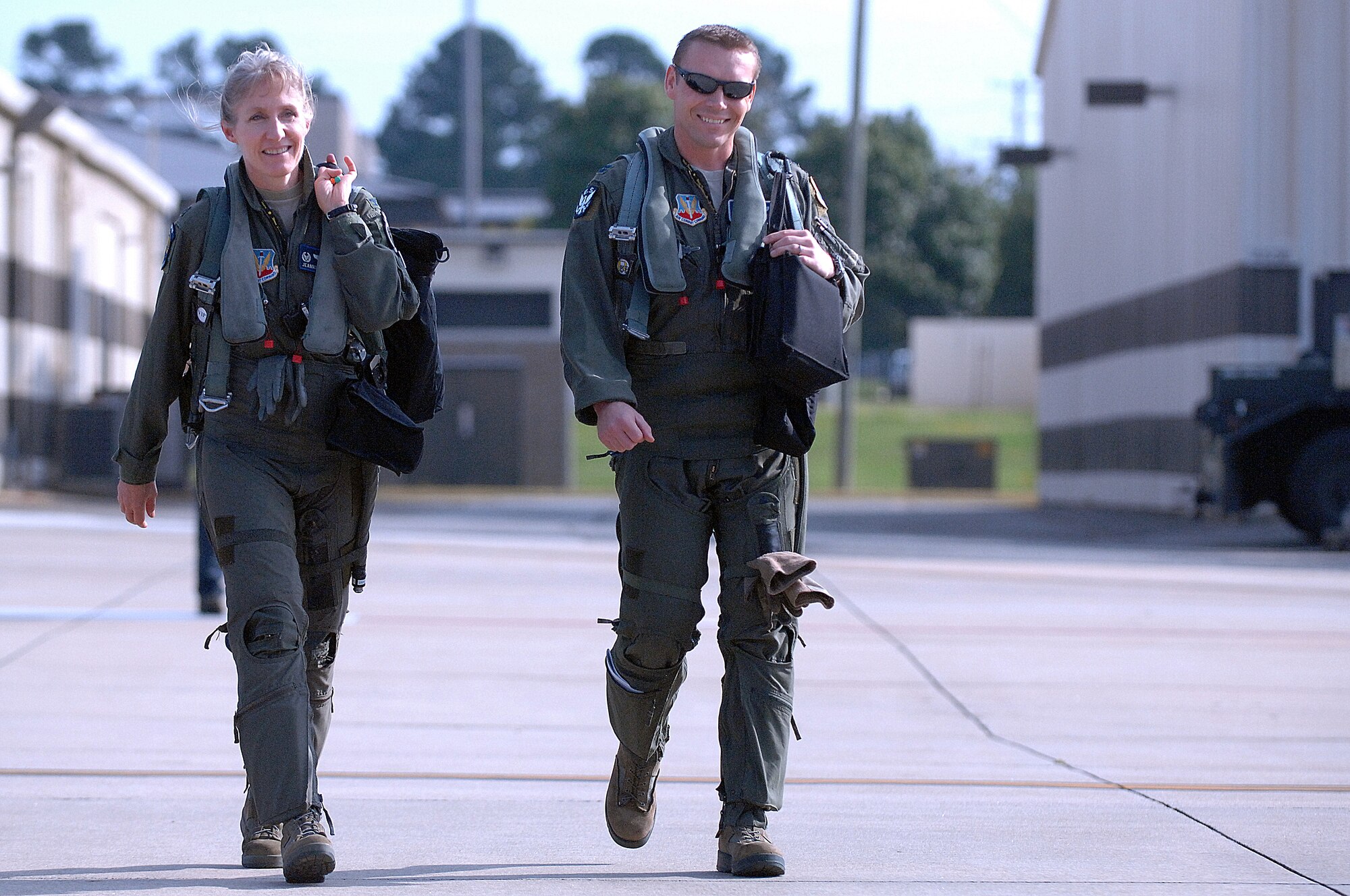 U.S. Air Force Col. Jeannie Leavitt, 4th Fighter Wing commander, and Capt. William Roedl, 4th Operations Group executive officer, step to their aircraft prior to take off during exercise RAZOR TALON at Seymour Johnson Air Force Base, N.C., Sep. 6, 2013.  Leavitt and Roedl participated in RAZOR TALON, a monthly joint-force exercise that combines resources from multiple installations across the East Coast.  Leavitt took part in the exercise for the first time since its integration in March 2011.  (U.S. Air Force photo by Airman 1st Class Brittain Crolley)