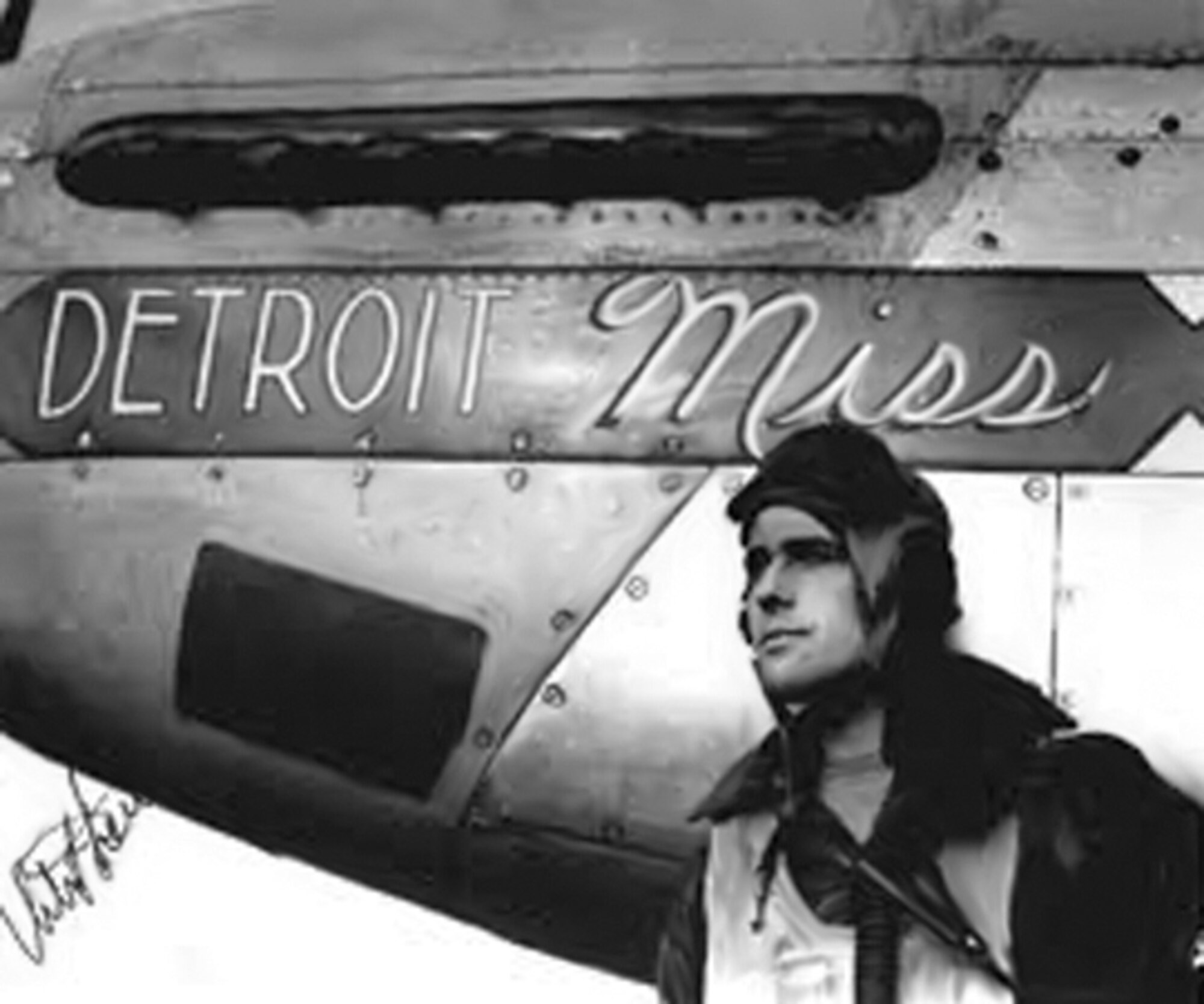 130912-Z-ZZ999-001 -- Major Urban L. “Ben” Drew is seen in this World War II-era photo standing next to his P-51 Mustang, the “Detroit Miss.” Drew, a combat ace who helped organize the Michigan Air National Guard after World War II, died earlier this year. Drew received the Air Force Cross for becoming the first pilot to shoot down two enemy jet-powered aircraft during World War II – while flying the propeller-driven Detroit Miss. (U.S. Army photo)