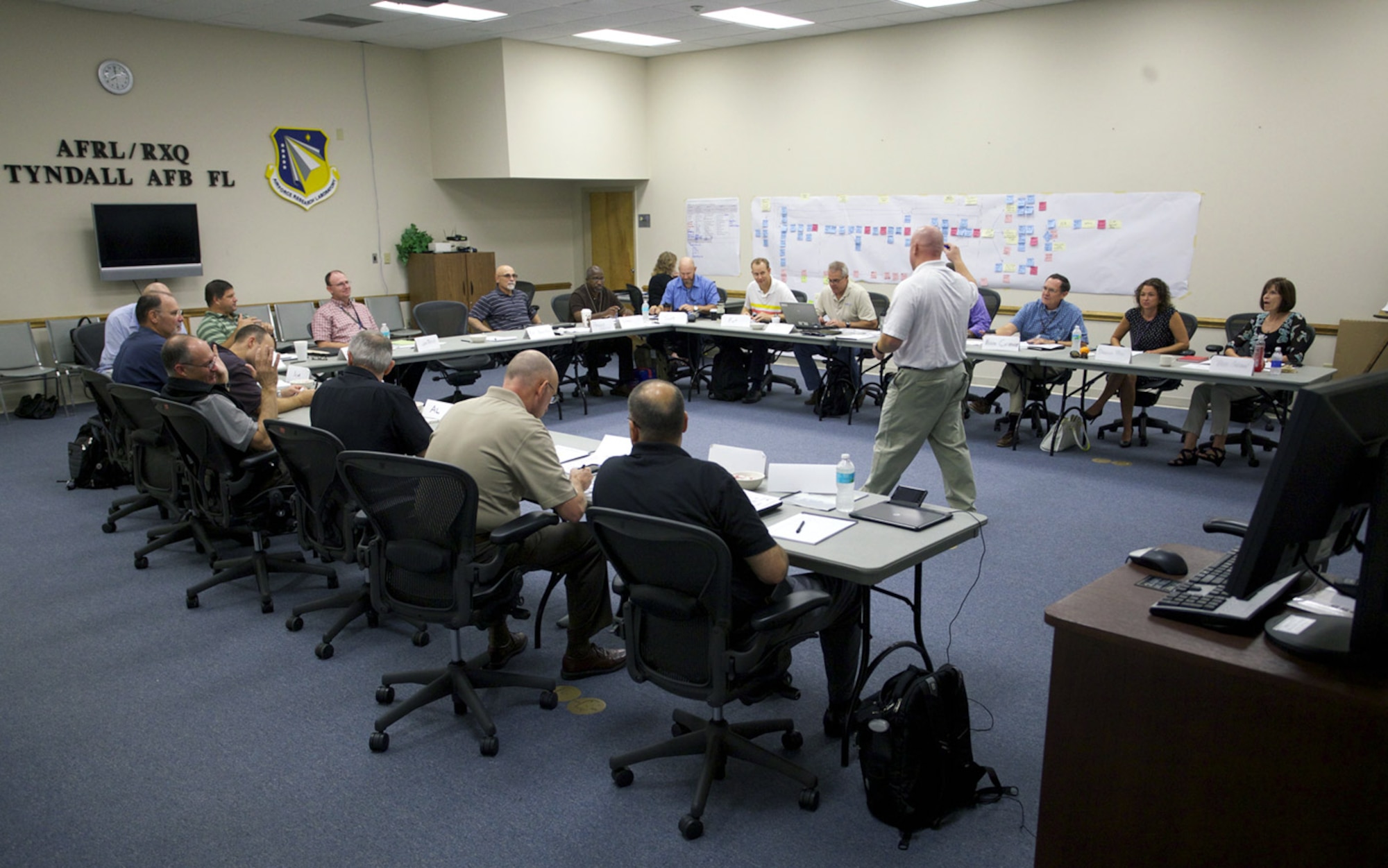 TYNDALL AIR FORCE BASE, Fla. – Members of the Air Force Civil Engineer Center's Det. 1 hosted a rapid improvement event here, Aug. 27-29, 2013, to define roles and responsibilities for AFCEC’s new research and acquisition division scheduled to launch Oct. 1. Participants included Air Combat Command, members of the Secretary of the Air Force’s office for acquisition and office for installations and energy, as well as other AFCEC directorates. The R&A division will develop and implement new technology and systems for the Air Force Civil Engineer. (U.S. Air Force photo/Eddie Green)