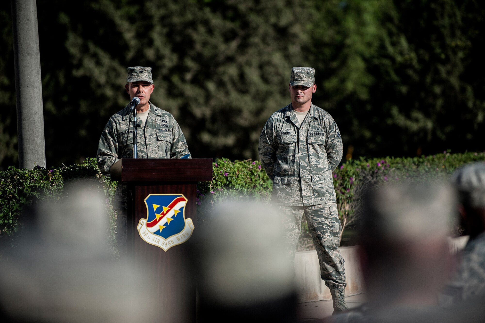 Col. Sean Gallagher, 39th Mission Support Group commander, speaks to Airmen during a 9/11 Retreat Ceremony Sept. 11, 2013, at Incirlik Air Base, Turkey. During the ceremony, Gallagher spoke about his experience at the Pentagon on Sept. 11. (U.S. Air Force photo by Airman 1st Class Nicole Sikorski/Released)